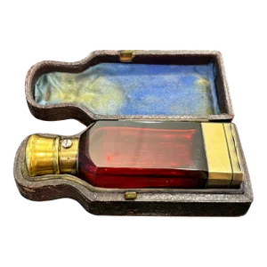Mid 19th Century Fabulous Cased Cranberry Glass & Gilt Sterling Silver Perfume & Vinaigrette Scent Bottle