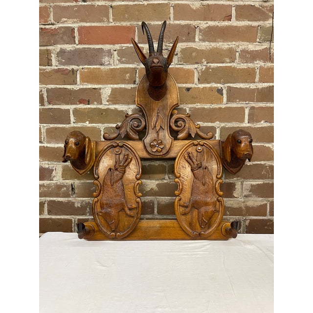 Wood 19th Century Swiss Black Forest Hand Carved Wall Mounted Coat and Hat Rack For Sale - Image 7 of 12
