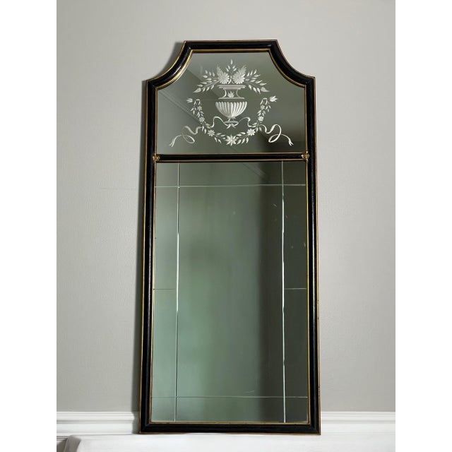 1940s Queen Anne Style Mirror, Etched and Beveled in Ebonized Parcel Gilt Frame, 1940s For Sale - Image 5 of 12