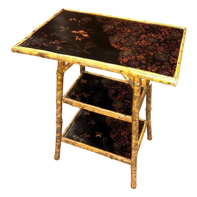 Traditional 1900s Restored Aesthetic Movement Tiger Tortoise Bamboo 3-Tier Pedestal Side Table For Sale - Image 3 of 7