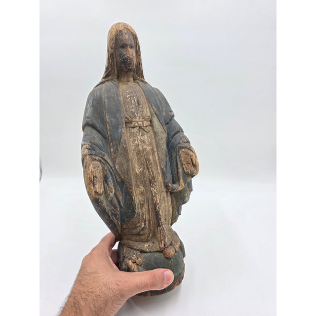Rare Antique 18th Century Spanish Colonial Hand-Carved Virgin Mary Statue Polychrome Wood For Sale - Image 13 of 15