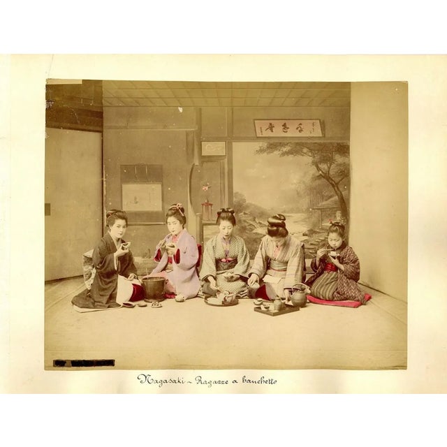 Gheishas During a Feast - Ancient Hand-Colored Albumen Print 1870/1890 1870/1890 For Sale