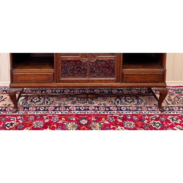 Antique English Bookcase Bookshelf Cabinet Glass Oak Queen Anne Legs 1920s-30s For Sale - Image 14 of 18