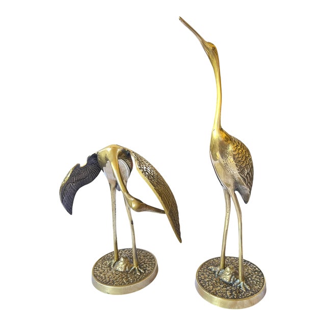 Vintage Brass Crane Sculptures Pair Coastal Palm Beach Style After Maitland Smith 12" Tall For Sale
