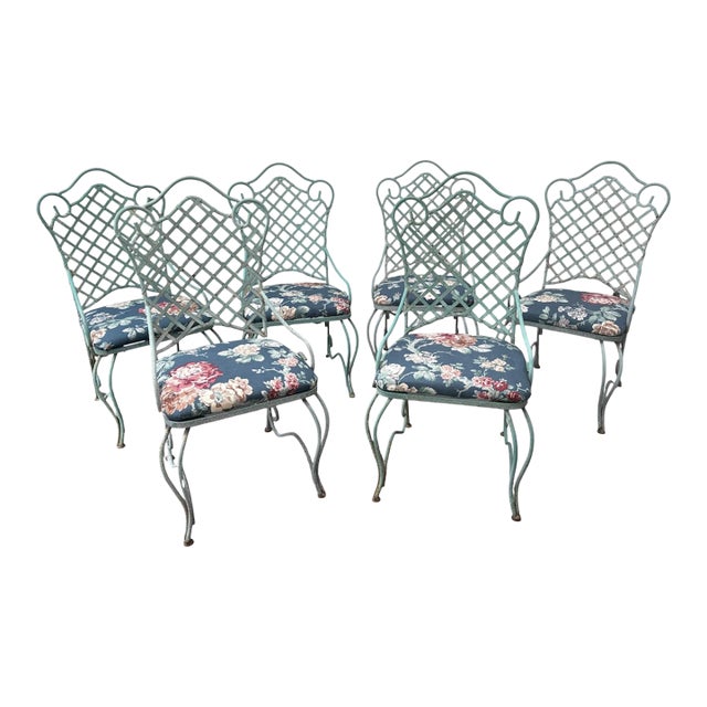 Vintage Mid Century Woodard Style Florentine Lattice Pattern Back Iron Patio Dining Chairs-Set of 6 For Sale