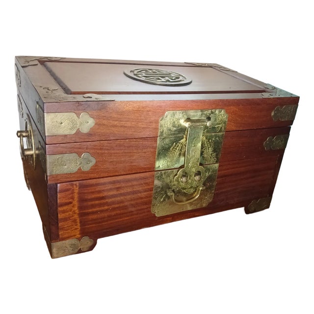 1970s Vintage Rosewood Chinoiserie Brass Accented Jewelry Box Chest For Sale