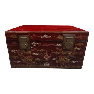 19th Century Chinese Red Lacquer Trunk Chest With Hand-Painted Dragon Motifs For Sale