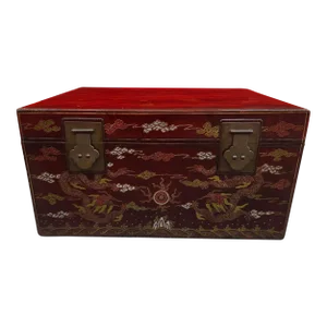 19th Century Chinese Red Lacquer Trunk Chest With Hand-Painted Dragon Motifs