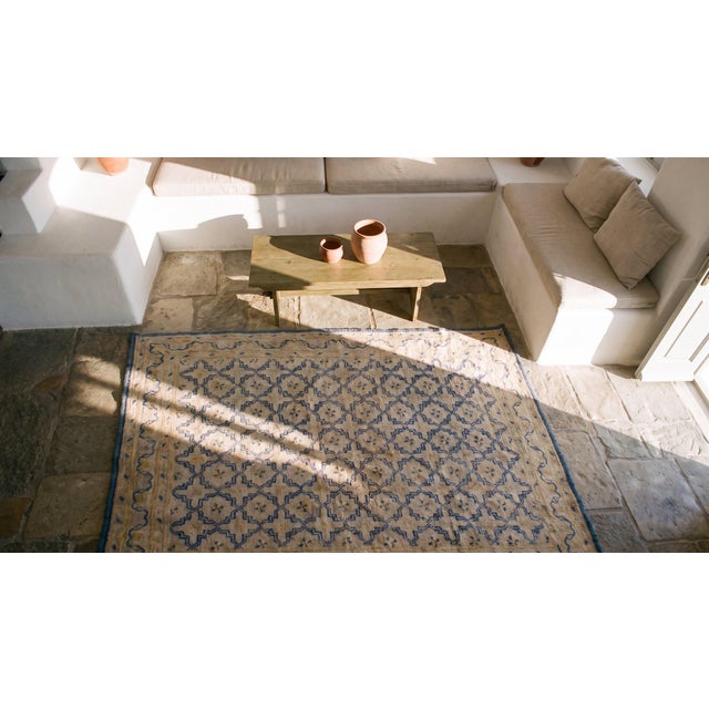 1920s Soft Yellow Geometric Antique Indian Agra Rug Hand Knotted 4' X 6'2" Cotton Carpet For Sale - Image 9 of 9