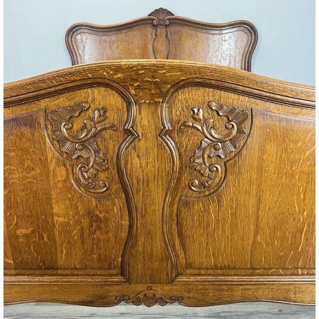Vintage French Louis XVI Style Oak Double Bed Frame with Carved Headboard For Sale - Image 3 of 12