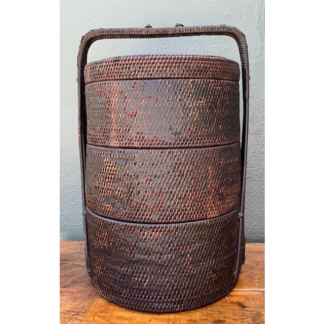 Coffee Vintage Asian Woven Rattan Wedding Basket For Sale - Image 8 of 12