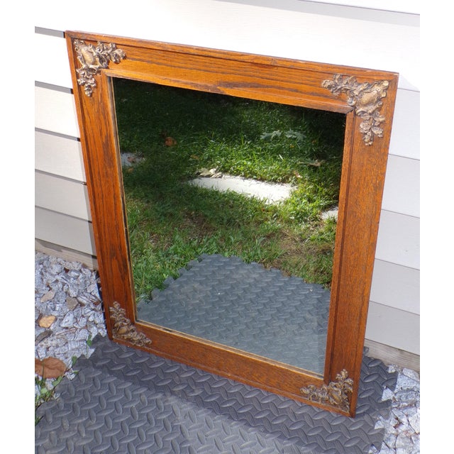 Art Nouveau Antique Solid Oak Framed Wall Mirror Gesso Oak & Acorn C. 1900 For Sale - Image 3 of 9