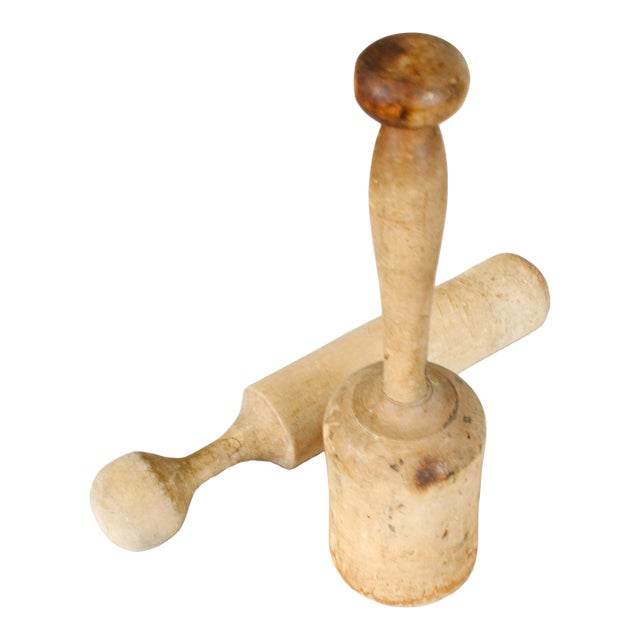 Antique French Hand-Turned Rustic Chef's Masher Set/2 For Sale