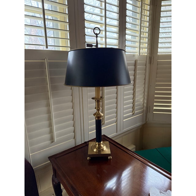 Beautiful Vintage Wildwood Brass Candlestick Table Lamp With Marbled Paper Shade. This traditional table lamp features...