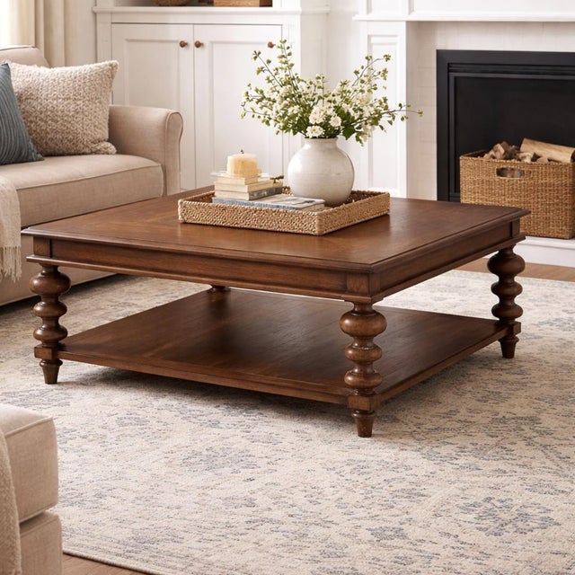 Contemporary Rustic Walnut Finish Square Coffee Table For Sale - Image 3 of 7