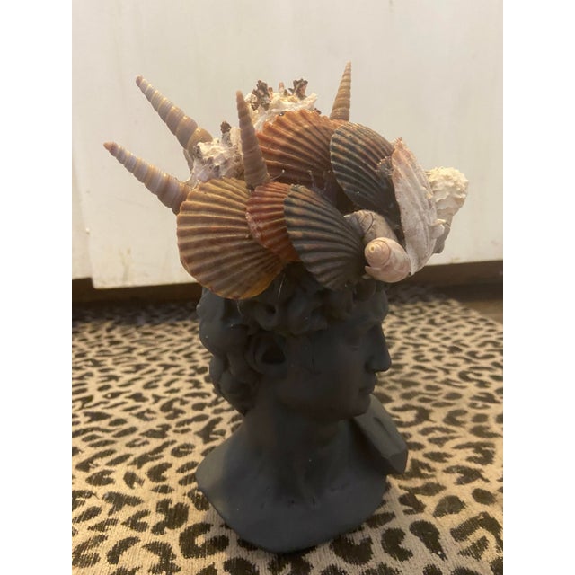Shell-Encrusted Bust in Farrow & Ball “Hopper Head” #305 by May River Neptune. A singular sculptural bust, finished in the...