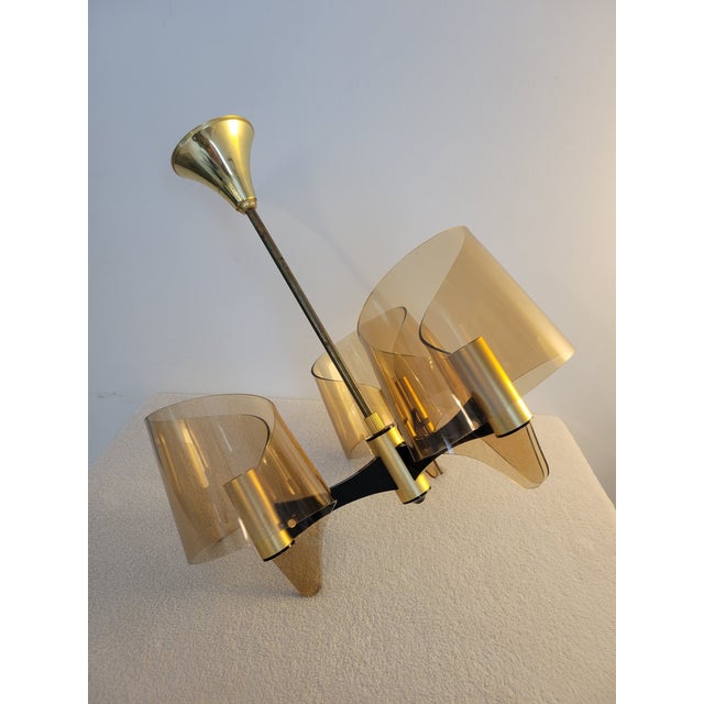 1970s 1970s French Space Age Amber Glass & Brass Chandelier Set by Michel Dumas - a Pair For Sale - Image 5 of 15