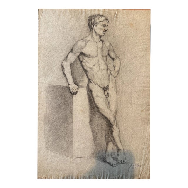 Carl H. Berberich, Male Nude Leaning on a Pedestal, Pencil on Paper For Sale