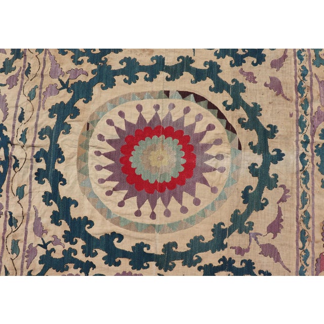 Ivory Antique Uzbekistan Suzani Textile With Medallion and Floral Vine Embroidery For Sale - Image 8 of 17