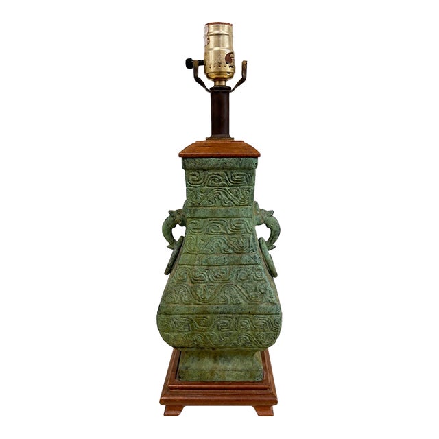 Vintage Chinese Bronze Lamp on Wood Base For Sale