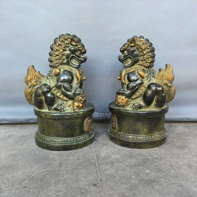 Mid 20th Century Monumental Pair of Vintage Chinese Gilt Bronze Guardian Lions (Foo Dogs) For Sale - Image 5 of 5