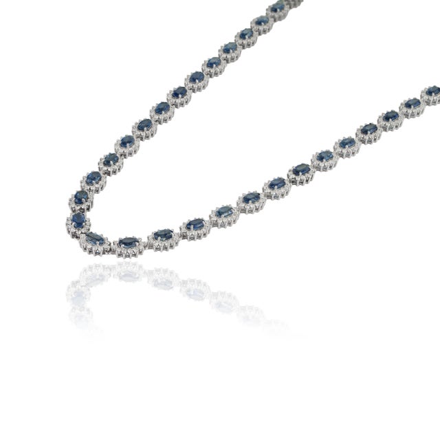 Estate Blue Sapphire Diamond Art Deco Tennis Necklace in 18k White Gold For Sale - Image 4 of 16