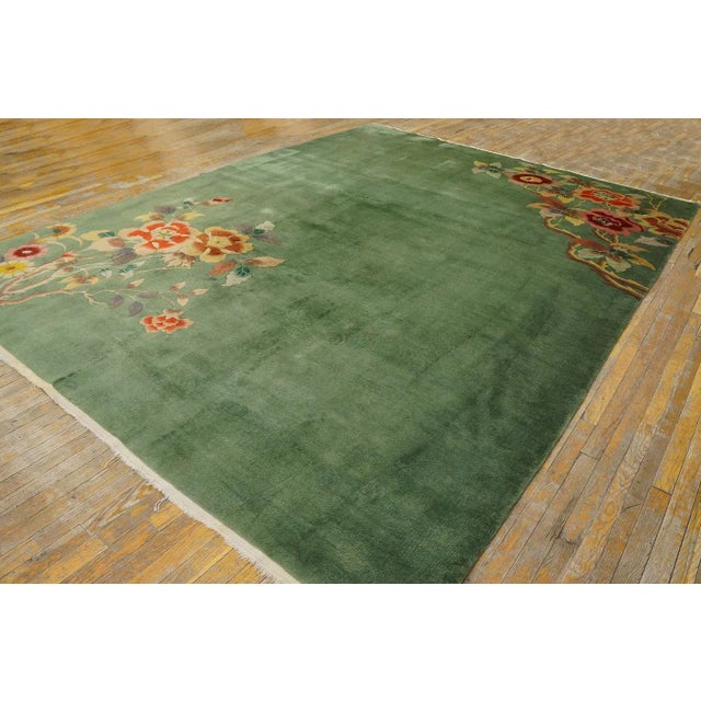 Art Deco 1930s Green Open Floral Antique Chinese Art Deco Carpet 8' 7" X 11' 4" Knotted Pile Wool Rug For Sale - Image 3 of 12