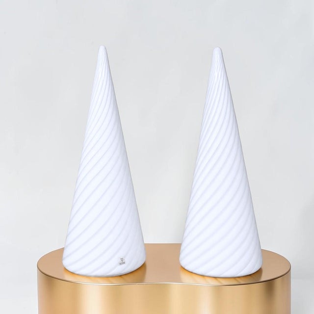 Stunning pair of mid century modern cone shaped, Murano table lights, tagged with stickers “Vetri Murano”. Unique cone...