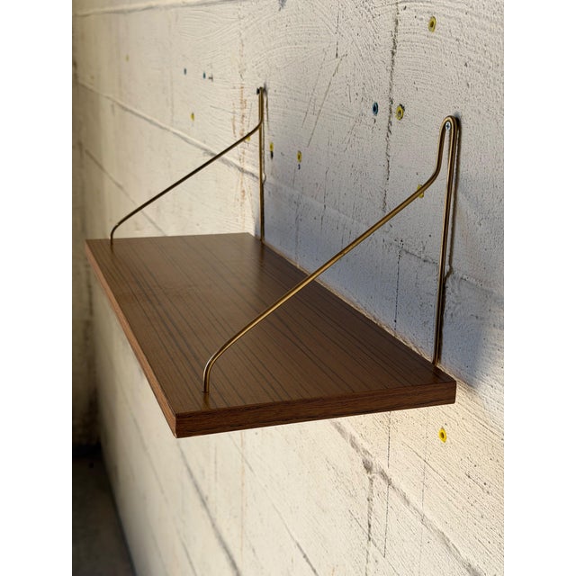 Wood Vintage Teak Floating Wall Shelf With Brass-Tone Metal Brackets – Mid-Century Modern Scandinavian Wall-Mounted Shelf For Sale - Image 7 of 10