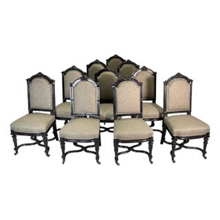1900-1909 Set of 10 Aesthetic Movement Ebonized Dining Chairs on Casters in Performance Linen For Sale