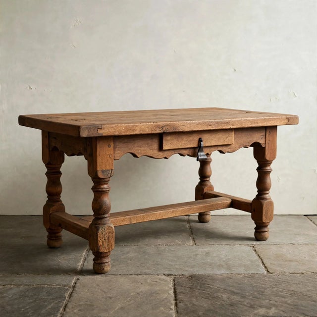 A beautifully timeworn French farmhouse table dating to circa 1900, crafted in oak with wonderfully expressive grain and a...