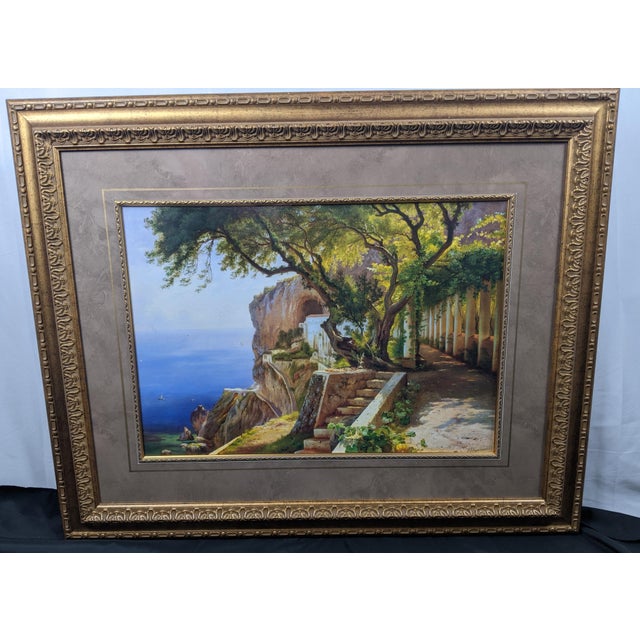 Traditional Late 20th Century Large Blue & Green “A Loggia at Amalfi” Landscape After C. F. Aagaard in Ornate Gold Frame For Sale - Image 3 of 14