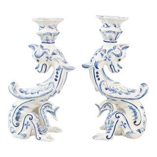 Dutch Delft Faience Dragon Candlesticks, Circa 1930 - A Pair For Sale