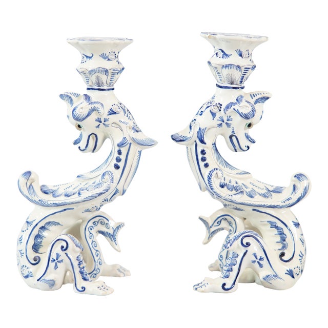 Dutch Delft Faience Dragon Candlesticks, Circa 1930 - A Pair For Sale