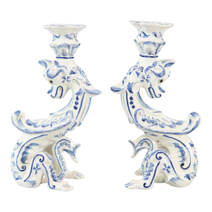 Dutch Delft Faience Dragon Candlesticks, Circa 1930 - A Pair