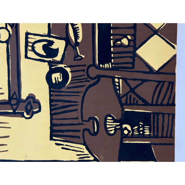 Mid-Century Modern Mid 20th C. Post War Modernist Expressionist Woodblock Print Still Life With Chair and Dressing Table For Sale - Image 3 of 5