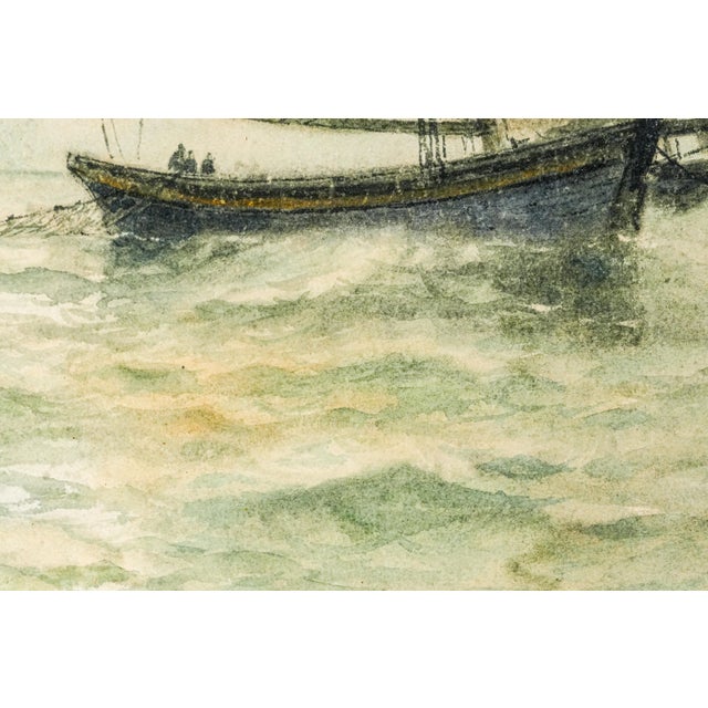 Lovely Large Gold Gilt Frame Antique Victorian Maritime Watercolor Painting Fishing Sailboat Ocean Wall Home Decor Nautical Art For Sale - Image 11 of 18