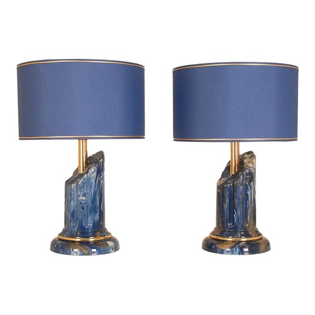 Vintage Italian Table Lamps Lapis Lazuli Marble Blue Gold Column Lamps a Pair For Sale