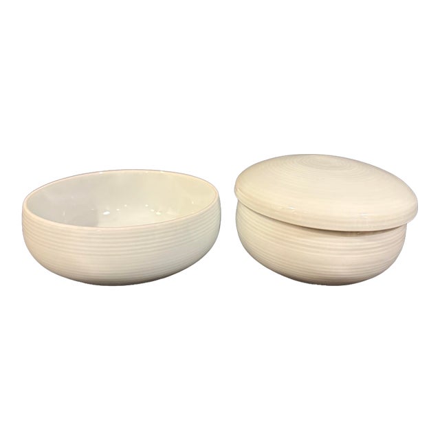 Vintage Celadon Porcelain Bowl Set With Ribbed Design For Sale