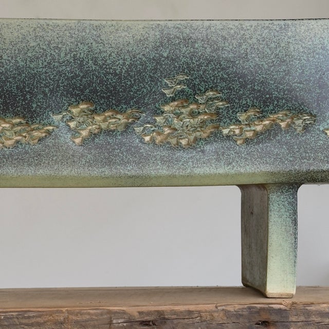 Ceramic Vintage Monumental Japanese Brutalist Speckled Green Ikebana Ceramic Vessel, Signed For Sale - Image 7 of 11