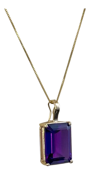 12 Ct Emerald Cut Amethyst Pendant /Necklace + 14 Kt Yellow Gold Chain Vintage