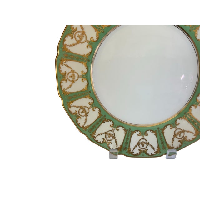 Mint Antique Royal Doulton Robert Allen Dinner Plates Mint Green Gold Gilt 10” Set of 12 (Dated 1916/1925) For Sale - Image 8 of 12