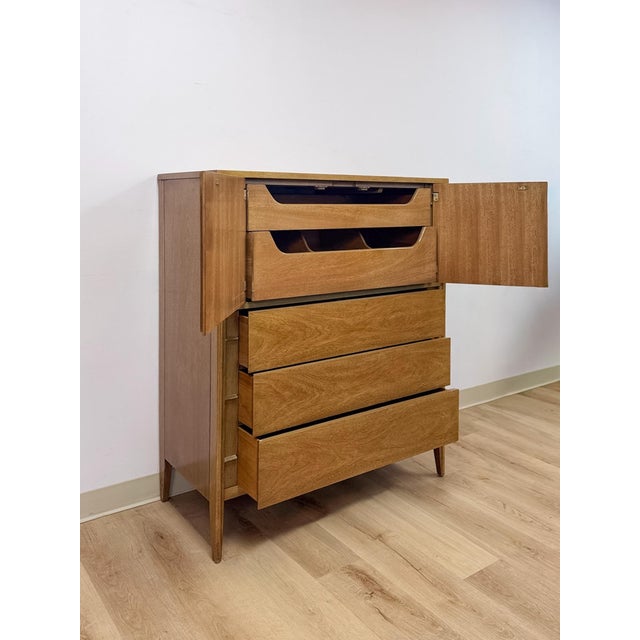 Brown Mid Century Tallboy Dresser MCM Five Drawer Brass Accent Warm Gray Tone Wood For Sale - Image 8 of 14