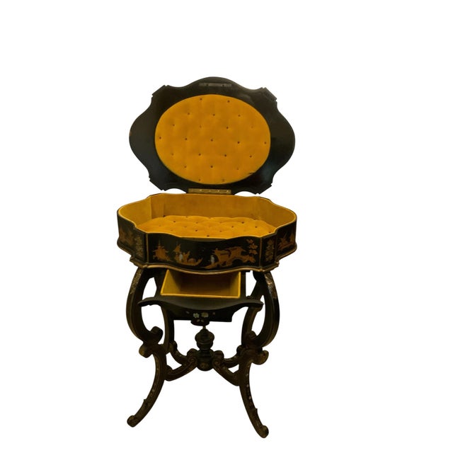 Antique Burgauté Black Lacquer &amp; Mother-of-Pearl Gilt Sewing Table Circa Made in c1850–1880. Approx. 29" High x 22...