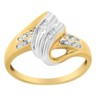 10K Yellow and White Gold 1/10 Cttw Baguette and Round-Cut Diamond Bypass Ring (I2 Color, H-I Clarity) - Size 7 For Sale