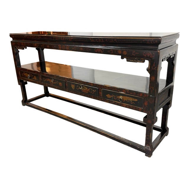 Chinoiserie Black Lacquer Console Table, Vintage For Sale