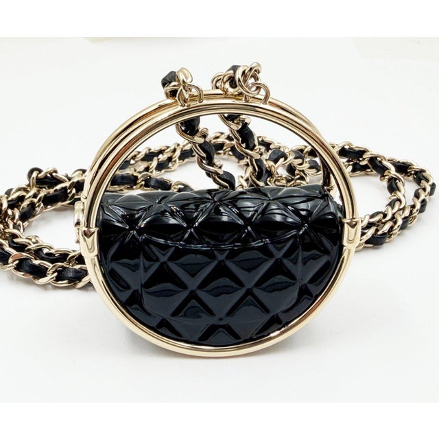 2020s Chanel Brand New Gold CC Black Hula Bag Mirror Large Charm Long Necklace For Sale - Image 5 of 7