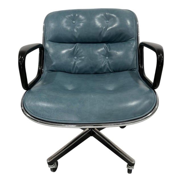 Knoll Pollock Chair in Aqua Leather, Steel Frame For Sale