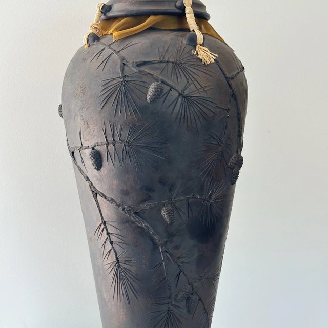 Large Vintage Hand Thrown Fine Art Pottery Vessel Depicting Pine Trees in Raku by Jeff Patterson From the Japanese Garden...