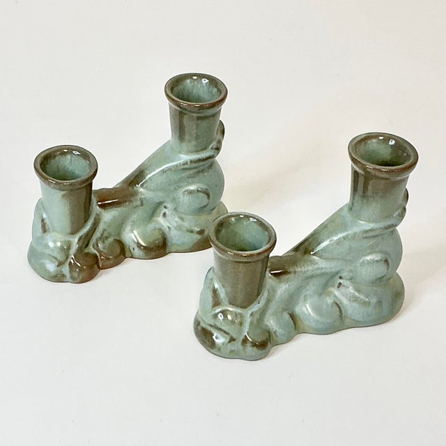 1950s Vintage Boho Chic Americana Arts & Crafts Frankoma Pottery Double Arm Candlestick Holders - A Pair For Sale - Image 12 of 18